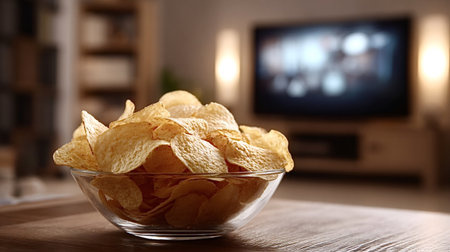 Potato chips spilling from a clear glass bowl on a wooden coffee table, foreground crisp and golden, blurred tv in the background evoking relaxed movie night comfort and indulgenceの写真素材