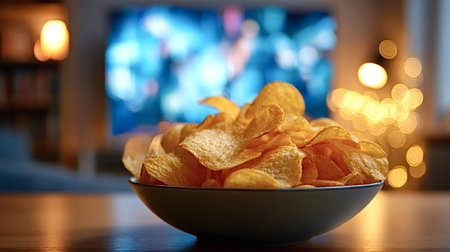 Bowl of crispy potato chips resting on a wooden table, offering a comforting snack during a relaxing...