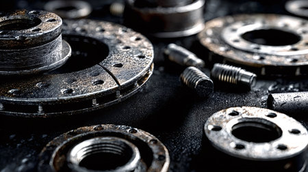 Various textured metal components, including brake disc fragments, nuts, bolts, and washers, lying...