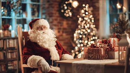 Santa claus is sitting at a table with beautifully wrapped gifts in a cozy, decorated Christmas room, embodying the tradition of holidays and gift givingの写真素材