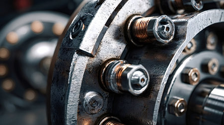 Industrial metal mechanism displaying intricate gears and fasteners, illustrating precision engineering and robust construction for heavy duty machinery and technologyの写真素材