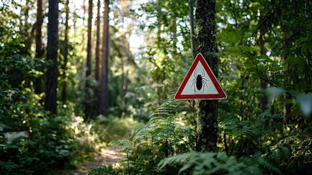 Triangle warning sign with a spider symbol attached to a tree trunk in a lush forest, indicating potential danger or venomous creatures along the winding path during daylightの写真素材
