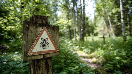 Tick warning sign on a forest trail alerting hikers to tick borne disease risk, bright caution symbol against green wooded background promoting outdoor safety and awarenessの写真素材