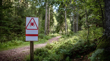 Spider warning sign standing on a wooden pole along a hiking path in a dense green forest, cautioning about potential danger or arachnophobia in a natural woodland environmentの写真素材