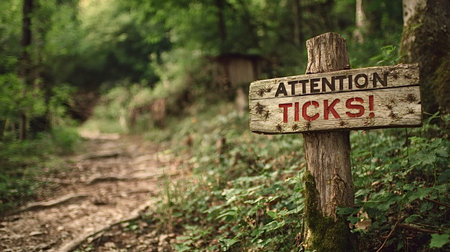 Wooden warning sign attention ticks. On a tree trunk, alerting hikers to danger, emphasizing insect...