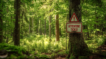Weathered warning sign mounted on an old tree trunk, cautioning visitors about ticks and danger of...