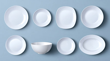 White ceramic dishes, including various plates and a bowl, arranged on a light blue surface from a...