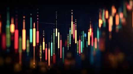 Candlestick charting displaying fluctuating stock market prices and financial data in vibrant colors, representing economic trends, investment strategies, and digital technology on a dark backgroundの写真素材
