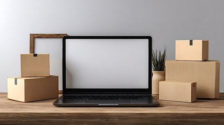 Laptop displaying a blank screen on a wooden desk, surrounded by various cardboard delivery boxes,...