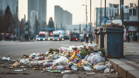 Urban street scene with overflowing bins and a large mixed pile of plastic, paper and food waste spilling onto the sidewalk, highlighting urban pollution and neglectの写真素材