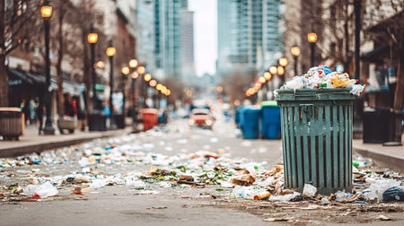 Overflowing waste bin creating a widespread litter problem on an urban street, illustrating environmental pollution and the urgent need for better waste management in citiesの写真素材