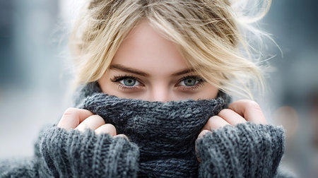 Blonde woman covering her nose and mouth with a chunky knitted gray turtleneck sweater, showing only her captivating green eyes, conveying warmth and shyness during winterの写真素材