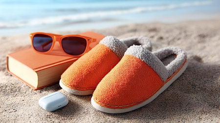 Orange slippers resting on the sand next to a matching book, sunglasses, and earbuds, creating a scene of ultimate relaxation and leisure during a sunny summer beach holidayの写真素材