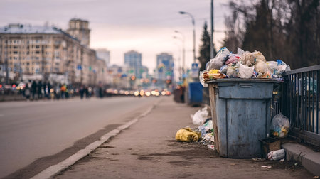 Overflowing garbage can spilling plastic waste and rubbish onto a dirty sidewalk, highlighting urban pollution and waste problems in a busy city environmentの写真素材