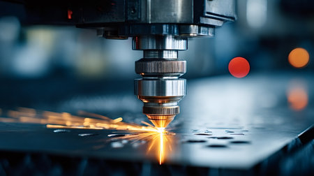 Industrial laser machine intricate cutting designs into a sheet of metal with high precision, generating dramatic sparks and light during the automated manufacturing processの写真素材