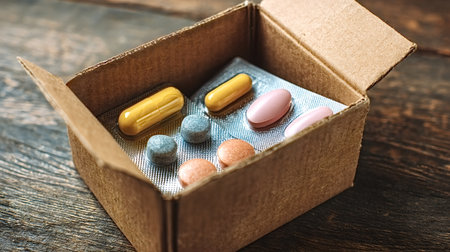 Medical pills, capsules, and tablets in blister packs inside a small brown cardboard box, symbolizing pharmaceutical shipping, healthcare delivery, and online pharmacy services on a wooden surfaceの写真素材