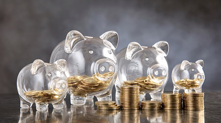Transparent piggy banks of varying sizes are accumulating gold coins, creating a visual...
