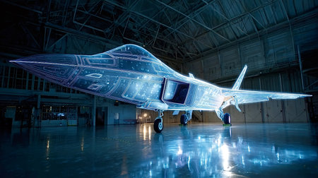 Holographic jet displaying advanced technology in a modern hangar, representing future defense,...