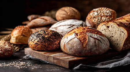Rustic artisan bread assortment, including sourdough loaves, buns, and baguettes, rests on a wooden...