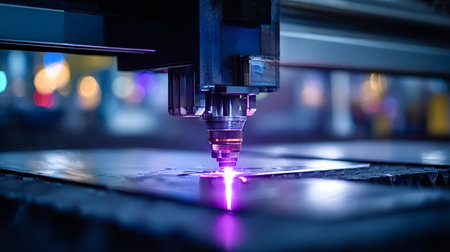 Laser cutting machine head emitting a powerful beam, precisely slicing through a metal sheet in an industrial factory, representing advanced manufacturing and automation technologyの写真素材