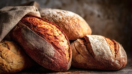 Artisanal loaves of bread, displaying a crusty exterior and dusted with flour, arranged on a dark...