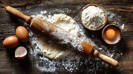 Rustic wooden table displaying baking ingredients including a rolling pin, raw dough, flour in a...