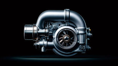 Detailed metallic automotive turbocharger increasing power and efficiency for modern car engines, featuring advanced engineering and enhancing vehicle speed against a dark backgroundの写真素材