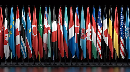 Flags of various countries are displayed in a long row, symbolizing international cooperation,...
