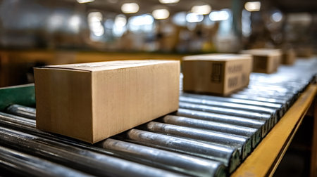 Cardboard boxes are carefully transporting along a metal roller conveyor belt in a distribution warehouse, illustrating the efficient process of shipping, logistics, and supply chain managementの写真素材
