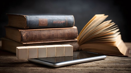 Stacked traditional books. An open vintage book. And blank wooden blocks resting on a modern tablet beautifully illustrating the evolution of learning and knowledge development from classic to digitalの写真素材