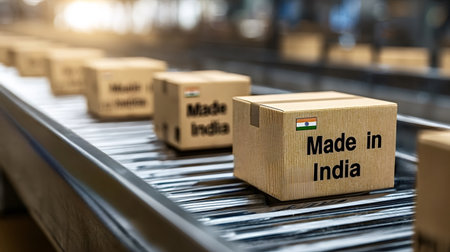 Cardboard boxes labeled made in India with the Indian flag are moving along an automated conveyor...