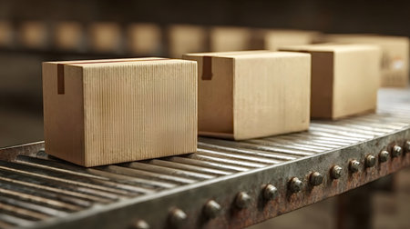 Cardboard boxes are traveling along a roller conveyor belt in a logistics warehouse. Symbolizing shipping. Delivery. And manufacturing processes within the global supply chain and e-commerce industryの写真素材