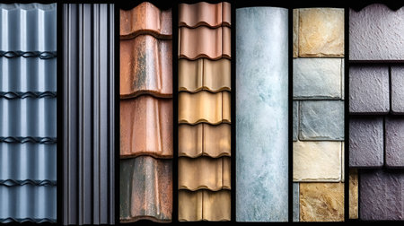Roofing tiles displaying a diverse range of materials including metal. Ceramic. Slate. And composite...