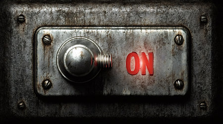 Industrial toggle switch displaying the word on illuminated in red, indicating activation or system...