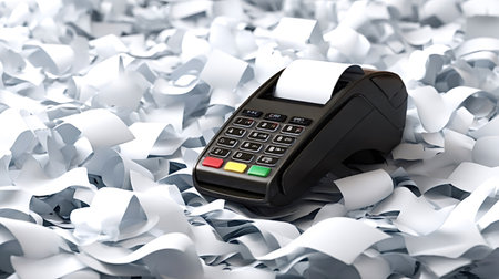 Payment terminal device sitting amidst a vast amount of crumpled paper receipts and bills,...