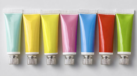 Seven vibrant paint tubes in a neat row on white background, showing a spectrum from aqua to red and...