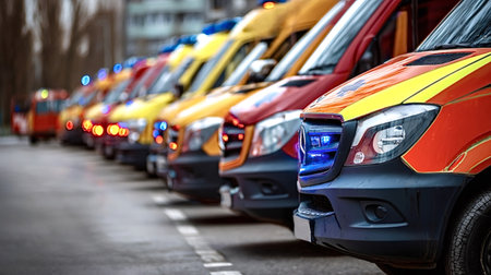 Ambulances with flashing lights parked in a long row, representing emergency medical service...