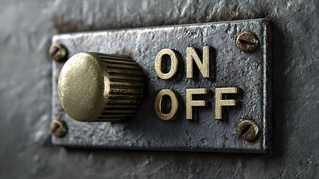 Grungy metal plate features a rotating brass knob, displaying on and off text for activating or...