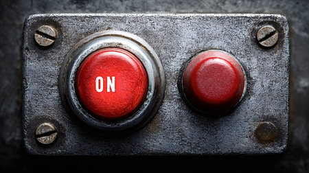 Old red push button switch labeled on mounted on a weathered, rusty metal control panel industrial,...