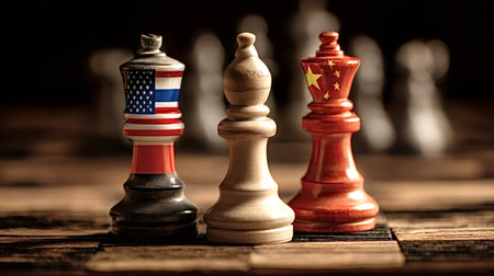 American and Chinese flag decorated chess kings facing a neutral pawn on a wooden chessboard,...
