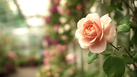 Peach rose developing on a climbing vine with green leaves, presenting delicate petals and a vibrant center, set against a softly blurred background of other flowers and foliageの写真素材