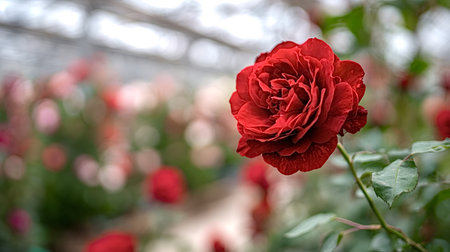 Red rose with deep petals growing in a greenhouse, its vibrant color standing out against the soft,...