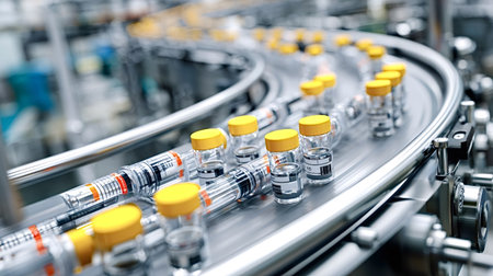 Vials and syringes moving along an automated production line in a pharmaceutical factory,...