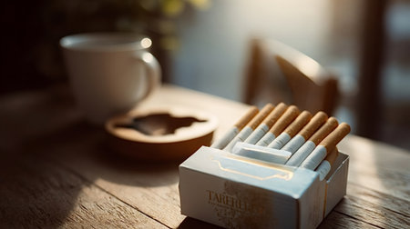 Opened cigarette pack on a rustic wooden table capturing the unhealthy habit of smoking while having...