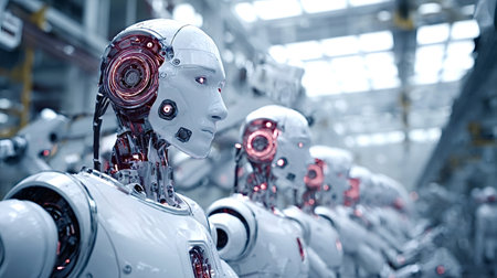 Row of advanced humanoid robots featuring glowing red eyes and intricate internal mechanisms...