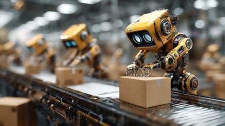 Yellow robotic workers are processing cardboard boxes on a high speed conveyor belt in a modern industrial automation facility, optimizing logistics and manufacturing efficiencyの写真素材