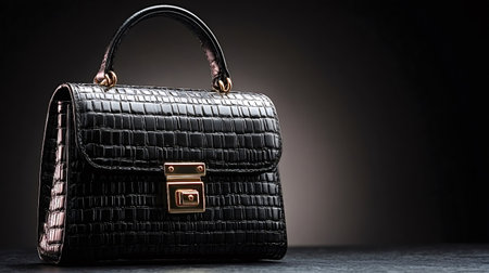 Black crocodile print leather handbag showcasing a gold clasp on a dark background, embodying...