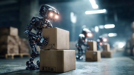 Robots are carefully stacking cardboard boxes in a high tech, semi dark warehouse, showing efficiency and advanced automation in package delivery and industrial supply chain managementの写真素材