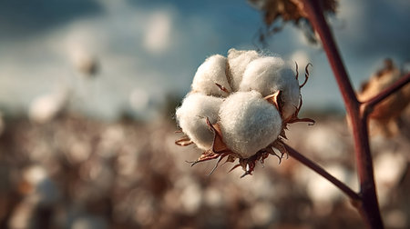 Cotton plant with a ripe boll showing its soft white fibers, growing on a branch in a vast agricultural field under a blue sky, representing raw material for textile productionの写真素材