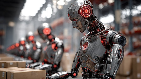 Humanoid robots with glowing red accents are performing tasks on an automated assembly line....
